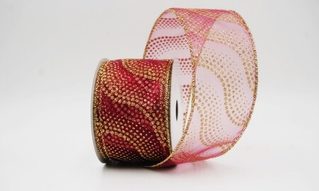 Bordeauxrood glitterlint met golvend stippenpatroon_KW0475G-8